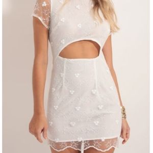 Fleur de lace cutout shift dress in white